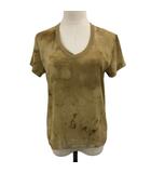 ラルフローレン RALPH LAUREN カットソー プルオーバー Vネック シアー 総柄 シルク 半袖 S 茶 ブラウン