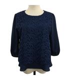 ブラウス シャツ プルオーバー ラウンドネック レース レイヤード タック 七分袖 2 紺 ネイビー