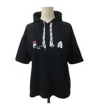 フィラ FILA パーカー プルオーバー フード ロゴ プリント 五分袖 L 黒 白 ブラック ホワイト