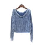 ニット セーター 長袖 ケーブル ウォッシュ加工 F 青 ブルー /MN