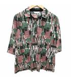 チャージ CHARGE ポロシャツ カットソー スキッパーカラー 総柄 五分袖 L 緑 グリーン 茶 ブラウン /YK