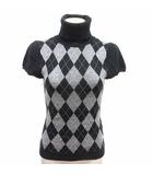 ニット カットソー タートルネック パフスリーブ アーガイル柄 半袖 カシミヤ混 M 黒 ブラック グレー /YK