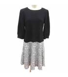 Collection ワンピース ひざ丈 ドッキング 花柄 長袖 L 黒 ブラック 白 ホワイト /YK