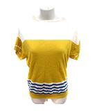 ヒューマンウーマン HUMAN WOMAN ニット カットソー Uネック 半袖 ボーダー 麻 リネン M マスタード アイボリー /RT