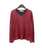 カットソー Tシャツ Vネック ボーダー 長袖 M 赤 レッド グレー /MN