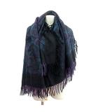 トラサルディ TRUSSARDI 大判ストール ショール 総柄 ロゴ刺繍 フリンジ ウール 黒 ブラック 緑 グリーン /MN