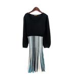  ブルーベル Bluebell ワンピース ニット ミモレ ロング ストライプ 長袖 40 L 黒 ブラック 青 ブルー /MN