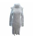 ミシェルマカロン michell Macaron ワンピース ひざ丈 ニット シャギー タートルネック オープンショルダー 長袖 S 水色 ライトブルー /YK