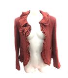 ノーカラージャケット 付け襟 フリル リボン ツイード 総裏地 ウール 茶 ブラウン /AU