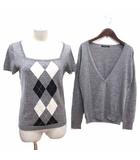 アンサンブル カーディガン ニット カットソー スクエアネック アーガイル柄 半袖 42 XL グレー /YK