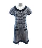 エフデ ef-de ツイードニット ワンピース ひざ丈 パイピング フリンジ 半袖 13 XL グレー /AU