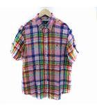 ラルフローレン RALPH LAUREN カジュアルシャツ 半袖 チェック柄 ロゴ刺繍 リネン L マルチカラー ピンク 青 ブルー /SM9 ■GY53