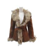 レザーコート 毛皮 スエード ミドル丈 M 茶 ブラウン ファー ウエストリボン /SM17 ■GY58
