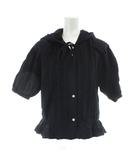 フーデッド 半袖 ブラウス シャツ M 黒 ブラック フリル パフスリーブ 肩パッド /KW ■GY58