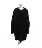 イエナ IENA ノーカラーコート ウール 36 紺 ネイビー 黒 ブラック フェイクレザー ひざ丈 /FF ■GY60