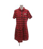 美品 ワンピース LL 赤 レッド チェック柄 襟付き ミドル丈 半袖 ML4Jl460Y /HW ■GY59