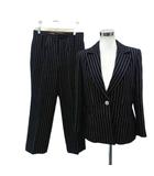  カルヴェン CARVEN スーツ セットアップ 上下 テーラードジャケット シングル ミドル丈 総裏地 スラックスパンツ アンクル 40 L 黒 オフホワイト ストライプ柄 /HO42 ■GY58
