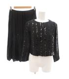 美品 セットアップ ジャケット スカート 9 黒 ブラック スパンコール装飾 プリーツ 長袖 /SJ ■GY60
