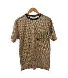Tシャツ M ベージュ 黒 オレンジ チェック柄 半袖 ラウンドネック /RP ■GY58