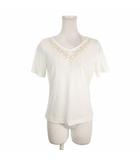 カットソー M クリーム アイボリー ベージュ Vネック 半袖 刺繍デザイン ストレッチ /AH30 ■GY58