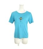 Tシャツ 絹 シルク M 青 ブルー ラフ画 スケッチ ラインストーン リボン刺繍 ラウンドネック 半袖 /AH27 ■GY58