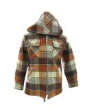 ジョンブル JOHNBULL シャツジャケット ミドル丈 M 茶 チェック柄 フード付き /SY43 ■GY61