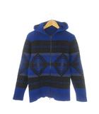 ニットパーカー ジャケット 上着 ウール M 青 ブルー 黒 ブラック 幾何学模様 フード付き 長袖 K109 /CK4 ■GY61