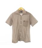 コットンシャツ 開襟 オープンカラー 半袖 総柄 麻 リネン混 L 茶 ブラウン /CK15 ■GY61