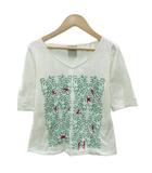 Tシャツ カットソー 五分袖 M オフホワイト Vネック 総柄 刺繍 /SY42 ■GY58