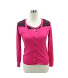 ルスーク Le souk アンサンブルニット 38 ビビッドピンク カーディガン Vネック ミドル丈 肩レース カットソー 半袖 ビーズ刺繡 /YS57 ■GY58