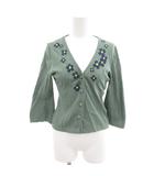 美品 カーディガン M 緑 グリーン 花柄刺繍 Vネック 七分袖 /SJ ■GY60