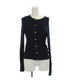 カーディガン カシミヤ M 紺 ネイビー 黄 イエロー 長袖 ボタンフロント 蛍光イエローのボタン /GG ■GY59