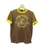 Tシャツ カットソー S 茶 ブラウン イエロー 切替 プリント 半袖 /GR ■GY58