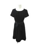 クレージュ courreges ワンピース 38 黒 ブラック チェック柄 半袖 リボンベルト 膝丈 /KK ■ECC002