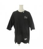 ジーユー GU × ミハラヤスヒロ MIHARA YASUHIRO Tシャツ M 黒 ブラック 五分袖 クルーネック ロゴプリント 切替 /MN45 ■ECA005