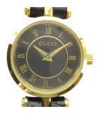 グッチ GUCCI ジャンク品 2040L 腕時計 ウォッチ クォーツ 黒文字盤 ローマン レザーベルト ゴールド色 /MQ