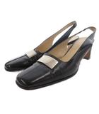 グッチ GUCCI ミュール スクエアトゥ ストラップ プレート 37.5 黒 ブラック /FF ■GY53