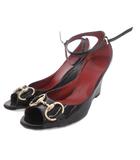 グッチ GUCCI パンプス ホースビット オープントゥ ウェッジソール エナメル ストラップ 36 黒 ブラック /FF ■GY53