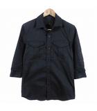 ミリタリーシャツ 七分袖 オープンカラー S012 コットン 麻混 リネン混 無地 L 黒 ブラック トップス /YA