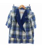 ハナエモリ HANAE MORI Boutique セットアップ 上下 テーラードジャケット 半袖 タイトスカート ミモレ丈 スリット 麻 リネン チェック 9A3 青 ブルー アウター ボトムス /AZ
