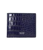 トムフォード TOM FORD 二つ折り財布 ミニ財布 レザー クロコダイル型押し ロゴプリント 紺 ネイビー ☆AA★