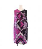 エミリオプッチ EMILIO PUCCI ワンピース ひざ丈 ノースリーブ クルーネック シアー シースルー シルク 総柄 I38 紫 パープル 黒 ブラック /BB ■GY41