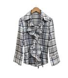 ナラカミーチェ NARA CAMICIE フリルブラウス チェックシャツ ドレープ ストレッチ ブルー系 ホワイト グレー サイズ1 M相当