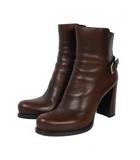 サイドジップ レザー ショートブーツ ベルト 37.5 茶 ブラウン