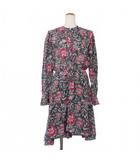 イザベル マラン エトワール ISABEL MARANT ETOILE フラワープリント シルク ワンピース ウエストギャザー 長袖 花柄 36 黒 赤 ブラック レッド
