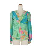 ブラウス ボタニカル柄 長袖 Vネック ブルー 青 グリーン 緑 ピンク