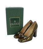 グッチ GUCCI ホースビット パテント パンプス エナメルレザー チャンキーヒール 8B オリーブグリーン