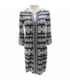 ダイアンフォンファステンバーグ DIANE von FURSTENBERG キーネックシルクワンピース 総柄 ひざ丈 7分袖 2 約S 白黒 ホワイト ブラック 0531