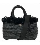 プラダ PRADA ラフィア ポンポン トートバッグ ショルダーバッグ トライアングルロゴ チャーム カゴ編み 1BG889 黒 ブラック 0727
