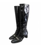 エルメス HERMES ケリー金具 ロングブーツ サイドジップ パテント シルバー金具 チャンキーヒール 38.5 黒 ブラック ■IBO91